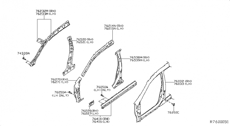 Стойка центраьная правая с порогом Nissan Rogue AWD QR25DE 2014 760324BA0A