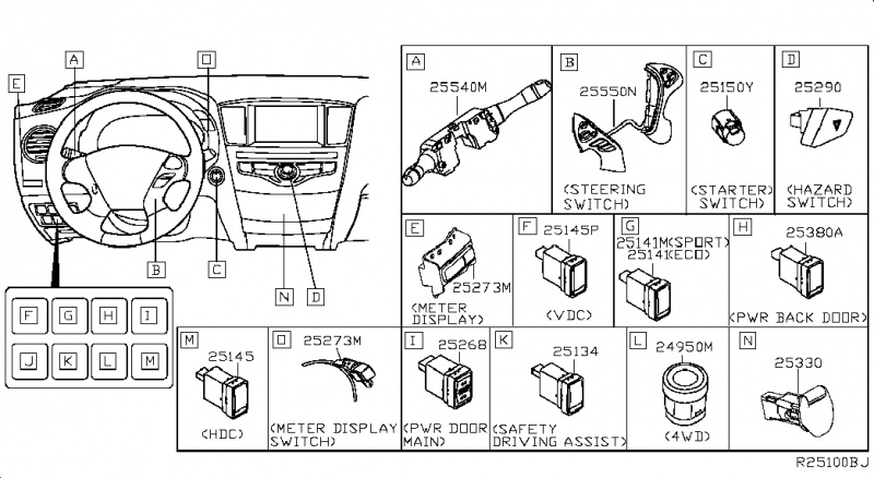 Подрулевой переключатель Nissan Rogue AWD QR25DE 2014- 255604BA1D 255604BA1B