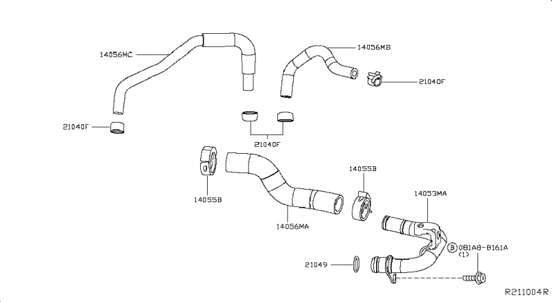 Патрубок системы охлаждения Nissan Rogue AWD QR25DE 2014- 210223TA0B